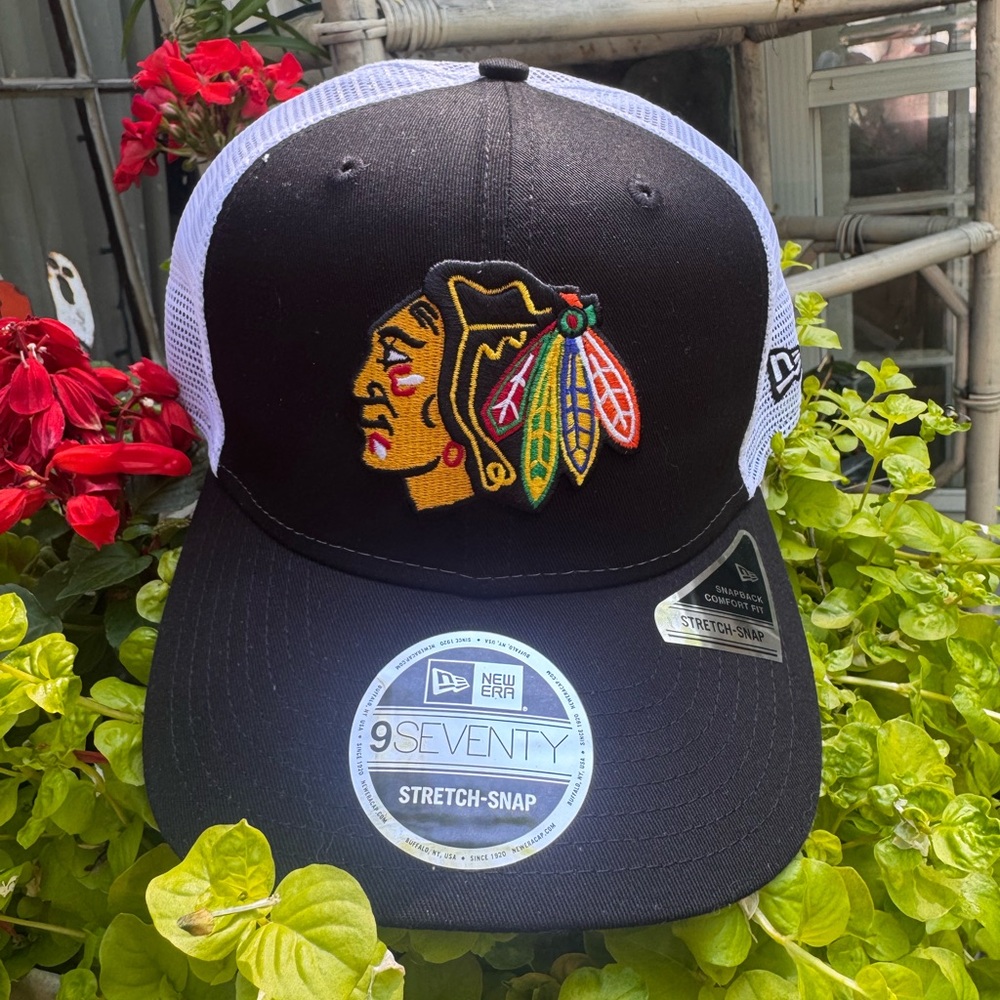 New Era Black Hawks Black and White Cap with Colorful Embroidery